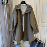 Designer Small Versatile Loose Leisure Cocoon Double Pocket Spell Successive Hat Long Windbreaker Coat Female Spring And Autumn-Outfit