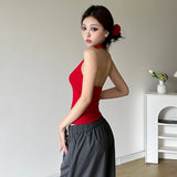 Fongt Summer Women's Solid Color Hanging Neck Stereo Flower Vest High Waist Loose Straight Trousers-Outfit