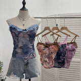 Real-Shooting Lace Bow Repair Body Tie-Dye-Print Mesh Hottie Pure Desire Sling Vest With Chest Cushion Top