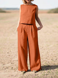 Women Summer Casual Loose Streetwear Outfits Sleeveless O Neck Tops Long Pants Set Female Solid Matching Two Piece Set 2023