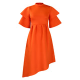 Fongt Women's 2025 Summer New Double-Layered Lotus Leaf Sleeves Pure-Colored Dress Dress
