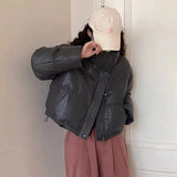 PU Leather Short White Duck Down Down Jacket Female 2024 Winter New Fashion Standing Collar Wash Loose Small Coat-Outfit