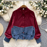 Fongt Dress Korean Fashion Design With Bow Denim Spliced Long-Sleeved Shirt Women Loose Shirt Top