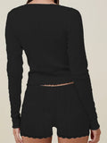 Women Pajama Sets 2pcs Loungewear Suits Solid Long Sleeve V-Neck T-shirts Crop Tops and Lace Shorts Sleepwear Outfits-Outfit