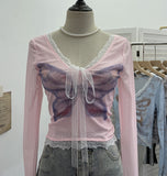 Fongt Shot Micro-Permeable Mesh Butterfly Print Splicing Lace Hanging Neck Horn Long-Sleeved T-Shirt Repair Short Top 1286