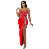 New Sexy Party Women's Dress with Iron Diamond Sleeveless Strap Wrap Hip Split Tight Elastic High Grade Evening Dress-Outfit