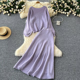 Fongt Windy Woman Languid Languid Breeze With Long-Sleeved Knitted Shirt + High Waist Swing Sweater Half-Dress Skirt