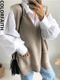 2022 New Sleeveless Vest Knitting Pockets Oversize Wild Split Autumn Winter Women Sweaters Pullover Knitwear