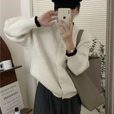 Collar Solid Color Knitted Button Cardigan Women's Long Sleeved Autumn New Style Loose Lazy Casual Sweater Jacket-Outfit