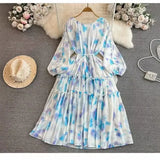Fongt New Gentle Style Temperament Long-Sleeved Round Recipient Waist Thin Print Chiffon Big Swing Long Dress Woman