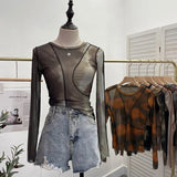 Fongt Sun Dyed Elastic Mesh Yarn T-Shirt Stacked With Long-Sleeved Top Press Line T-Shirt 8980
