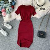 Fongt Solid-Color Temperament Round-Neck Knitted Tight Skirt Dress Bag Hip One-Step Skirt Dress Mid-Long Model