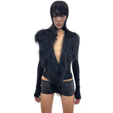 Fongt Women's Clothing 2025 Autumn And Winter New Solid Color Sexy Personality Deep V Hair Collar Splicing Long-Sleeved Top