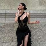 Fongt Winter New Women's Hottie Street Irregular Design Lace Splicing Perspective Showback Dress