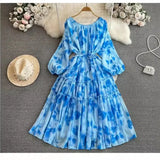 Fongt New Gentle Style Temperament Long-Sleeved Round Recipient Waist Thin Print Chiffon Big Swing Long Dress Woman