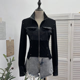 Fongt Modern Zipper Collar Spliced Pu Leather Shirt Babes Short Jacket Coat Fur Coat 1365