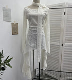 Fongt Dark Waste Soil Wind Makes The Old Hole Hanging Shoulder Hanging With Long Sleeves Irregularly Open Fork T-Shirt Skirt 9295