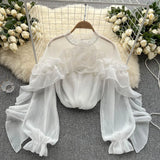 Fongt Sense Irregular Flounce Mesh Shirt Female Spring Autumn Sleeve Fold Small Slim Chic Jacket Tide-Outfit