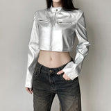 Fongt Style Leather Splicing Locomotive Suit Personalized Street Autumn Short-Term Open-Enavel Zipper Jacket Jacket