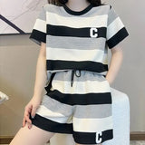 Striped Letter Matching Sets Summer Stylish Round Neck Women's Clothing Loose Patchwork Casual Drawstring Short Sets-Outfit