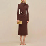 Fongt Brown Metallic Button Decoration Knitted Dress High-Necked Long Sleeves Elegant Temperament