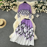 New Advanced Casual Women's Elastic Long Sleeve Pleated Top+High Waist Pleated Half Skirt Printed Skirt 2-piece Set-Outfit