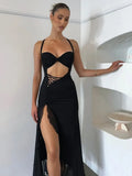 Halter Lace Up Backless Cut Out Maxi Dress Women Mesh High Split Black Goth Party Vestidos 2023 Spring Fall Y2K