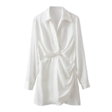 Women Fashion Srping Pleated Soft Touch Wrap Mini Dress Vintage Long Sleeve Side Buttons Female Dresses Vestidos