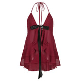 Spice Girl Style Lotus Leaf Edge V-Collar Low-Cut Elegant Net Hanging Neck Bright Red Halter Top 2024-Outfit