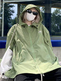 Y2K Green Windbreaker Jacket Women Oversized Hip Hop Streetwear Black Waterproof Coat Harajuku Boyfriend Style