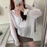 Fongt New Korean Loose Lazy Wind Long Sleeve Large Version V-Neck Ice Silk Jacket Women's Spring And Summer Thin Hollow Out Sweater-Outfit