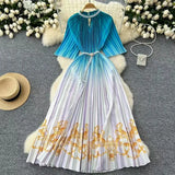 Fongt Women's Niche Elegant Dress New Hollow Nail Ball Neck-To-Celing Waist-Print Folding Long Skirt