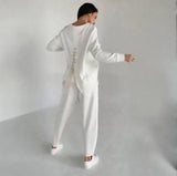 Fongt 2025 New Women's Solid Color Round-Neck Long-Sleeved Set Pocket Casual Pants Trousers
