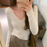 V-Collar Solid Color Long-Sleeved Woolen Blouse A New Style Slim And Slim Sweater In Autumn And Winter-Outfit