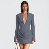 Fongt Women's Autumn And Winter New Temperament Solid Color V Collar Folding Waist Suit Dress