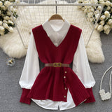 Fongt New Light Ripe Wind Outside Wear Loose Lapel Splicing White Shirt V Collar Diagonal Buckle Knit Vest Two Sets-Outfit