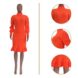 Fongt New Women's Solid Color High Collar Flounce Handmade Knitted Dress-Outfit
