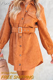 Turn Down Collar Corduroy Dress Femme Mini Outdoor Solid Dress With Belt Casual Long Sleeve Button Patchwork Loose