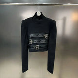 2024 Autumn High Street Stand Collar Long Sleeve Knitted T-shirt Women's Belt Multi Button Design Sweater Pullover TH5305-Outfit