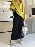 Women Autumn Solid High Waist Basic All-match Korean Style Students Back Slit Design Casual Simple Maxi Fashion Chic
