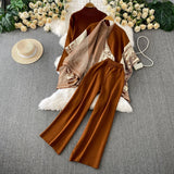 Fongt Temperament Bottom Half-High Collar Sweater + Printed Knitted Shawl Jacket + High Waist Lanky Trousers Three-Piece Set