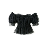 Mesh Bubble Sleeve Blusas Mujer Off-shoulder Shirts Blouses Lace Up Bow Camisas Spring Summer 2024 Tops Tunic Ropa-Outfit