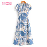 Printing Summer New Slim Slimming Wild Short Sleeve Female Dress Round Neck Print Back Hollow Long Women's