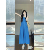 Fongt Gentle And Casual Retro Elegant Blue Dress 2025 Summer New Fashion Design Feel Sleeveless Long Dress