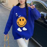 Fongt Wind Smiling Face Sweater Female Autumn Winter New Style Large Size Set Sweater Design Sense Round Collar Adds Thick Bottom Unlined Upper Garment-Outfit