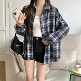 Vintage Plaid Print Long Sleeve Blouse-Outfit