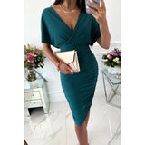 Hot Style Summer Solid Color V-Collar Sexy Hip Dress Women's Short Sleeves-Outfit