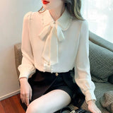 Autumn Solid Color Peter Pan Collar Bow Tie Lacing Blouses for Women 2023 New Chiffon Design Women's Clothing Korean