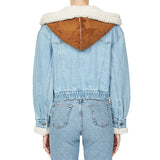 Fongt Blue Denim Lamb Hair Spring 2024 New Splicing Personality Single Breasted Short Coat Woman-Outfit