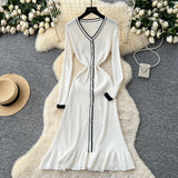 Fongt Small-Sized Famous Woman Hit The Color V-Neck Long Sleeve Single Buckle Waist Knitted Dress Women With Fish Tail